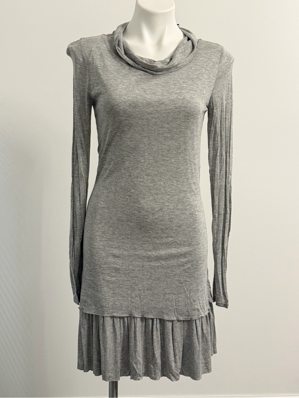 Gray Long-Sleeve Cowl Tiered Knit Dress